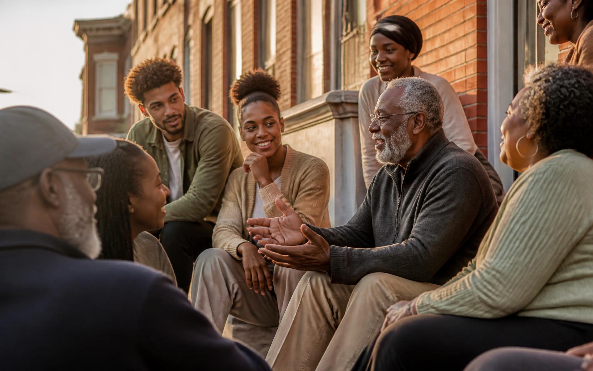 Neighbors of several generations in conversation on Philadelphia rowhouse steps